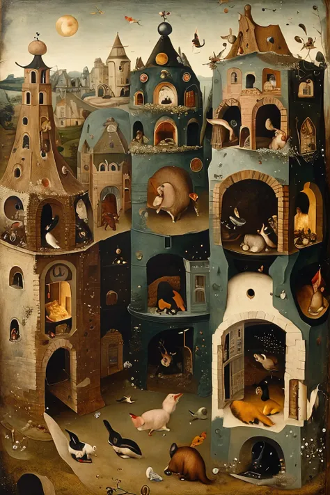 masterpiece,best quality,<lora:tbh189-:1>,style of  Hieronymus Bosch, animals