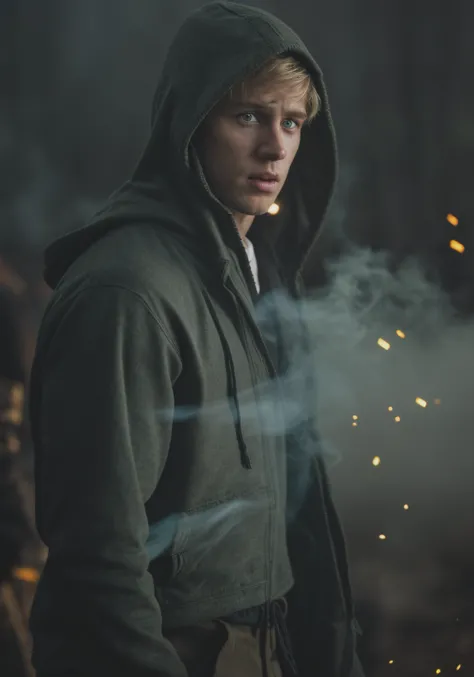 Highly detailed, male focus, Cinematic portrait, 1boy, black open jacket, dark blue v-neck undershirt, solo, brown pants, short blonde hair, white drawstring hood down, looking at viewer, blurry, parted lips, blurry background, green eyes, cowboy shot, sta...