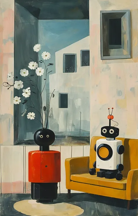 masterpiece,best quality,<lora:tbh198-sdxl:0.9>,illustration,style of Mary Fedden portrait of Housework robots