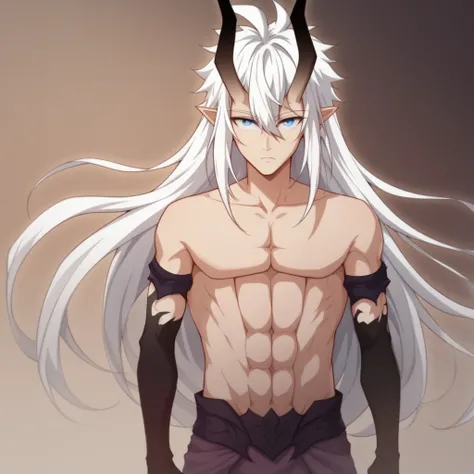 score_7_up, BREAK, chenchangan,  1boy, solo, white hair, long hair, blue eyes, horns, pointy ears, topless ,  <lora:ChenChangan_DGod_PXL_Leaf1:1>, cowboy shot,