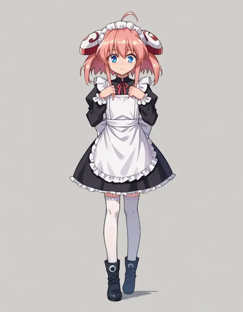 zPDXL, score_9, score_8_up, score_7_up, source_anime,
1girl, solo,  <lora:Rizelmine_v2-20:0.8> rizel, ahoge, short hair, hair ornament, hairpods, pink hair, blue eyes, petite, flat chest, maid wearing a black lace-trimmed dress with a high collar and puffe...