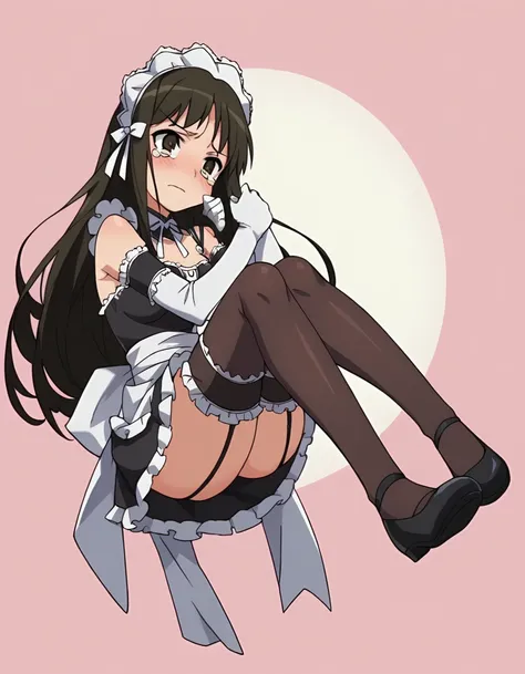 zPDXL, score_9, score_8_up, score_7_up, source_anime,
1girl, solo, tearing up, (princess carry), anna, black hair, brown eye, long hair , koremaid, bare shoulders, elbow gloves, white gloves, detached collar, arm garter, garter straps, black thighhighs, fr...