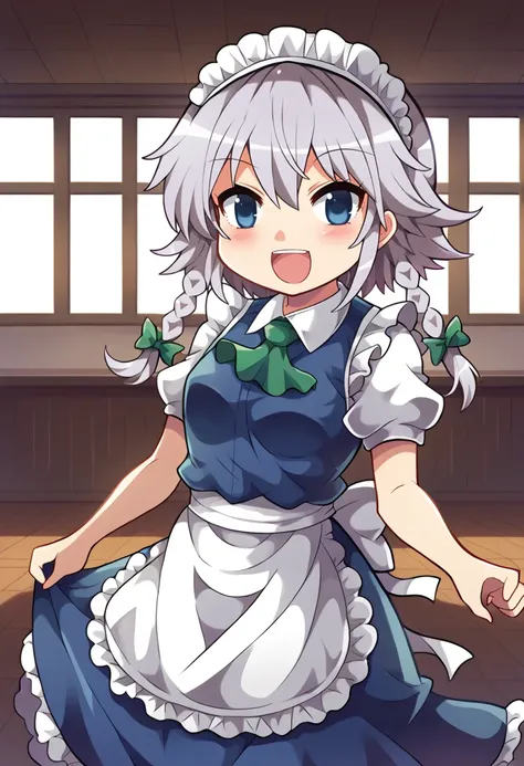 score_9, score_7_up, hd, (ultra hd quality details), indoors, day,
solo, 1girl, izayoi_sakuya, touhou, maid_headdress, twin_braids, hair_bow, white_apron, waist_apron, green_bow, blue_dress, puffy_short_sleeves, white_shirt, maid_apron, frilled_apron, smal...