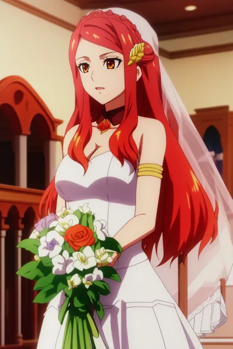 sysdeep_karnatia, 1girl, solo, long_hair, breasts, medium_breasts, orange_eyes, sidelocks, red_hair, wedding, wedding_dress, church, holding_flowers, indoors