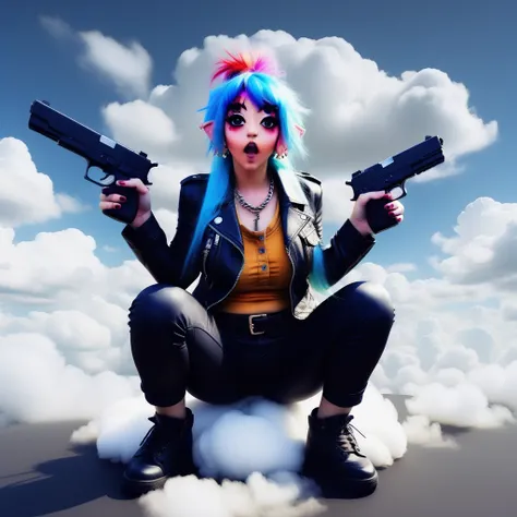 parody, looking up, artist name, multicolored hair, looking at viewer, handgun, squatting, black hair, extra eyes, cloud