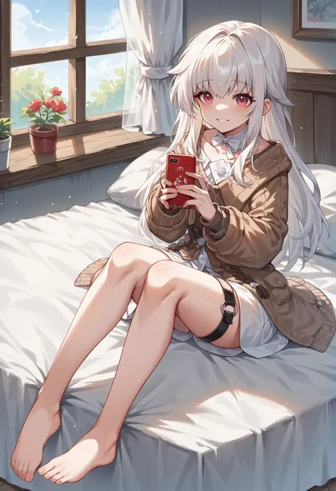 1girl, long hair, white hair, pink eyes, detached collar, white shirt, brown cardigan, barefoot, thigh strap, sitting, indoors, bed, smile, holding phone, red smartphone, starry eyes,  <lora:Clara_XL-000009:1>, score_9, score_8_up, score_7_up, score_6_up, ...