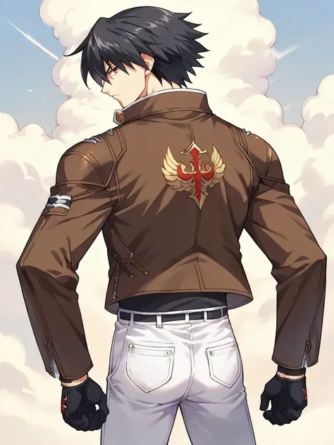 score_9, score_8_up, score_7_up, source_anime, <lora:Magami_Yuuji_-_Only_You_-Re_Cross-__Only_you_-リクルス-:1>,
1boy, solo, black hair, short hair, red eyes, brown jacket, emblem, black shirt, white pants, black gloves, standing, from behind, looking at viewe...