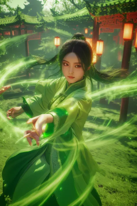 green-magic,using green-magic,using green-magic,green-aura,green-magic,dancing,ancient-costume,fighting stance,solo,1girl,black hair,chinese clothes,looking at viewer,blurry,wide sleeves,long sleeves,<lora:magic_fighting_green_512_15:1>,