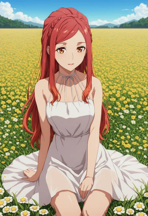 sysdeep_karnatia, 1girl, solo, long_hair, breasts, medium_breasts, orange_eyes, sidelocks, red_hair, white_dress, summer_dress, sitting_on_ground, flower_field, <lora:Karnatia Seri Anabald - [So Im a Spider So What] - SDXL Version 1:1>