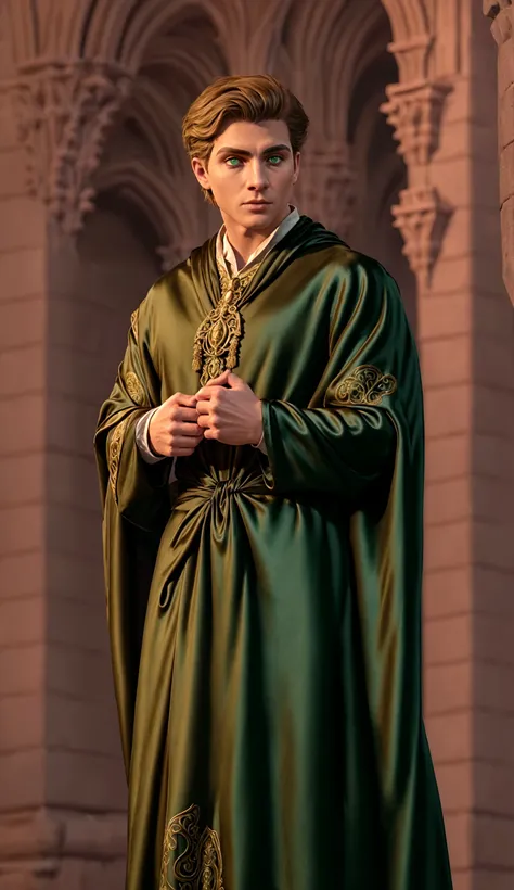 (face focus). (masculine:1.3), large strong physique:1.0, at outdoor gothic castle, (muscular;1.2), large muscles:1.1, ((wearing large long flowing ornate revealing green and black silk fantasy wizard robes:1.3)), (wearing matching long flowing cape:1.2), ...