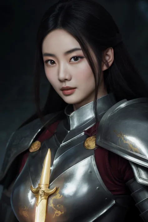 A beautiful chinese woman (mulan) 32 years old, dressed in armor 