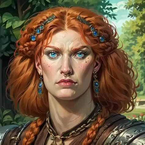 score_9, score_8_up, score_8, (masterpiece, best quality, highly detailed, realistic), source_photo, screencap, portrait of fcorn as a beautiful celtic barbarian warrior woman, barbarian outfit, glowering expression, long straight ginger hair, piercing blu...