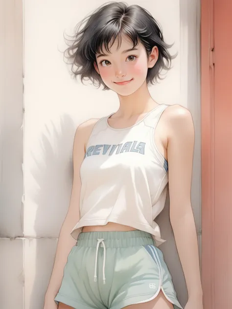 Ink pastel,front view,half portrait with waist up,a beautiful 20-year-old girl with neat short black hair,round eyes,cute,shy smile,designer sports shorts,comic illustration,attractive,revival mural,Antonio Boraiolo style,Yoshitaka Amano style,
Miho Hirano...