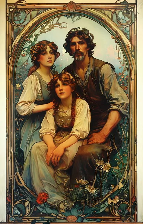 masterpiece,best quality,<lora:tbh200-sdxl:0.9>,illustration,style of style of Alphonse Mucha portrait of family