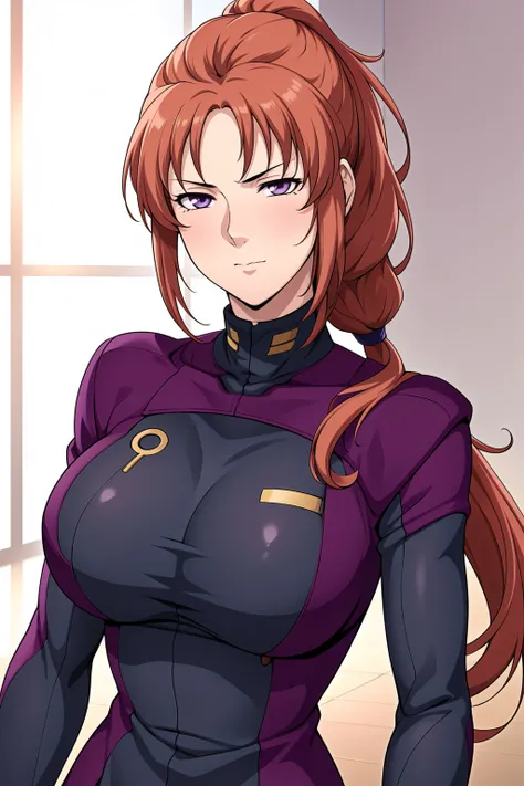 Simple purple Background,
dynamic pose,standing at attention,
purple uniform,bodysuit, long sleeves, turtleneck, 
<lora:Marida_Cruz_Unicorn-KK77-V1:0.7>,
purple eyes, red hair,bangs,Long hair,ponytail, 
<lora:more_details:0.1>,<lora:Oda_Non_Style-KK77-V2:0...