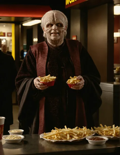 high resolution raw dslr full body shot photo of sidi0us serving fries in a mcdonald,in street,smile,illuminated from behind,realistic skin texture,dark robe without hoodie,pores,sweaty skin,skin imperfection,cinematic,depth of field,masterpiece,volumetric...