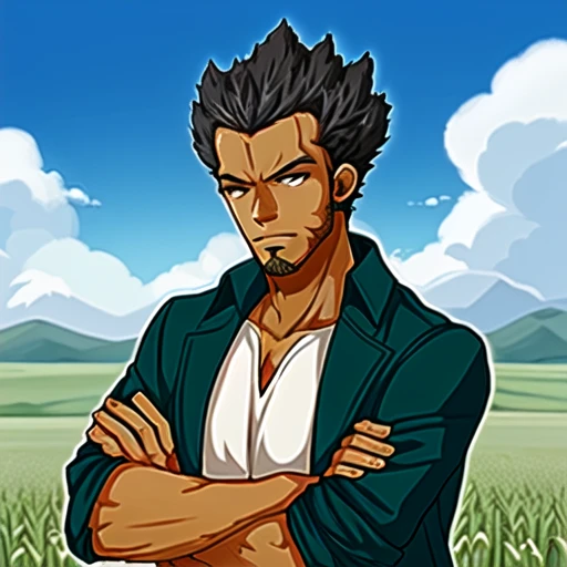 field background scene with clouds, CROSSED ARMS, FACIAL HAIR, BEARD, BLACK HAIR, UPPER BODY, GREEN COAT, SPIKED HAIR, WHITE SHIRT, HANDSOME