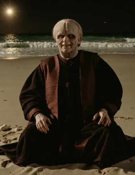 high resolution raw dslr full body shot photo of sidi0us sitting on a beach,smile,illuminated from behind,realistic skin texture,dark robe without hoodie,pores,sweaty skin,skin imperfection,cinematic,depth of field,masterpiece,volumetric lighting,cinematic...