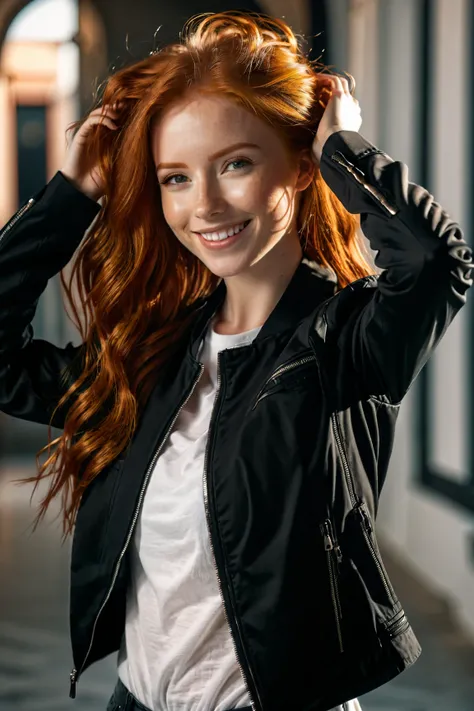 A beautiful red haired girl smiles, open black jacket, white t-shirt, adjust her hair,
 (masterpiece:1.2), (best quality:1.2), best shadow, detailed background, high contrast, (best illumination, an extremely delicate and beautiful), ((cinematic light)), i...