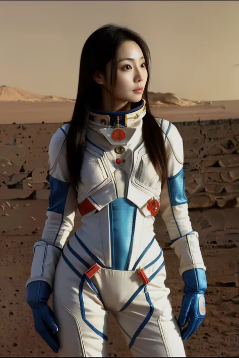 A beautiful japanese woman (akemi) 35 years old in a space suit on mars