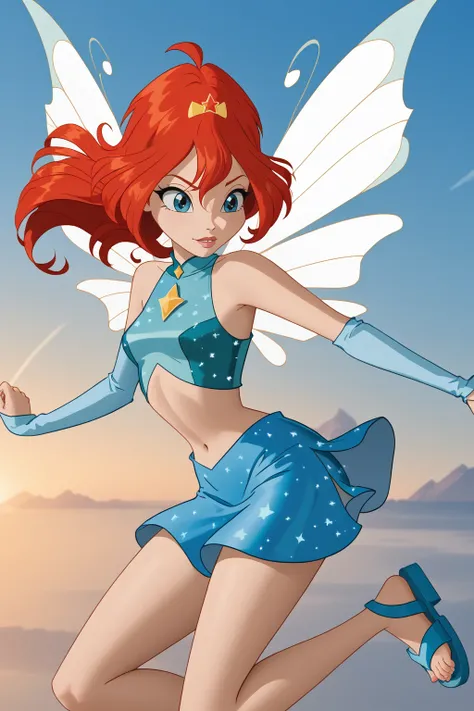 <lora:Character_Bloom_Winx:1>, bloom (winx),charmix, wings, blue star pattern crop top, blue star pattern skirt, blue sandals, blue eyes, blue sleeves, hair ornament, red hair