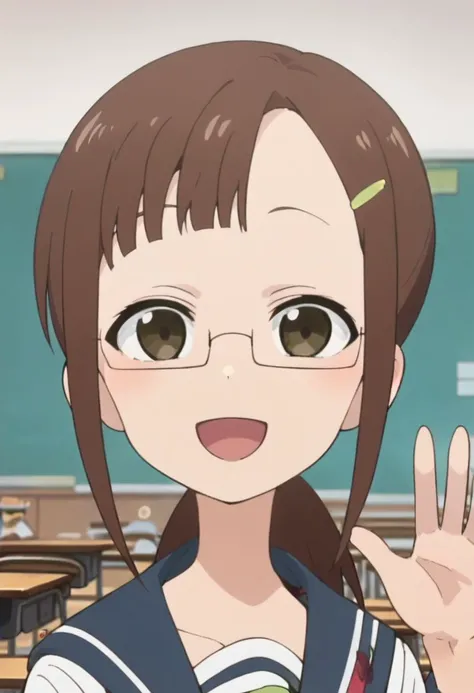 score_9, score_8_up, score_7_up, score_6_up, source anime, anime screenshot, anime screencap, 1girl, Kotone, Kotoneanime, glasses, brown hair, low ponytail, smile, open mouth, looking at viewer, school uniform, classroom, upper body, waving at viewer,