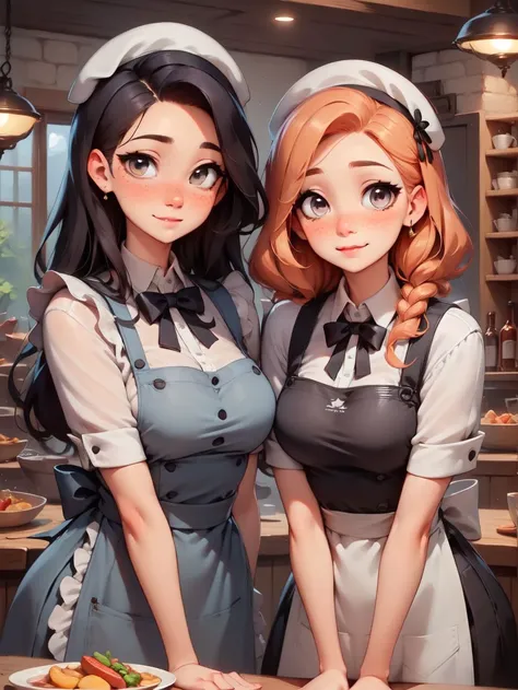 2girls, medieval restaurant, long hair, ginger hair, grey eyes, nose blush, freckles, grey eyes,, apron,