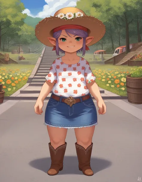 zPDXL, score_9, score_8_up, score_7_up, source_anime,
1girl, solo, smirk, airplane_arms, cowboy wearing Floral print blouse, denim skirt with embroidery, straw cowboy hat with flower crown, leather cowboy boots, bandanna, <lora:Lalafell_v2-10:1> lalafell, ...