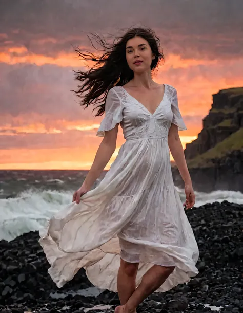 Perched on the precipice of a windswept Icelandic cliffside, Lilly - with her cascading waves of raven hair and eyes as deep as midnight pools - stands poised, clutching a vintage camera around her neck, gazing out onto the stormy sea below. Her flowing wh...