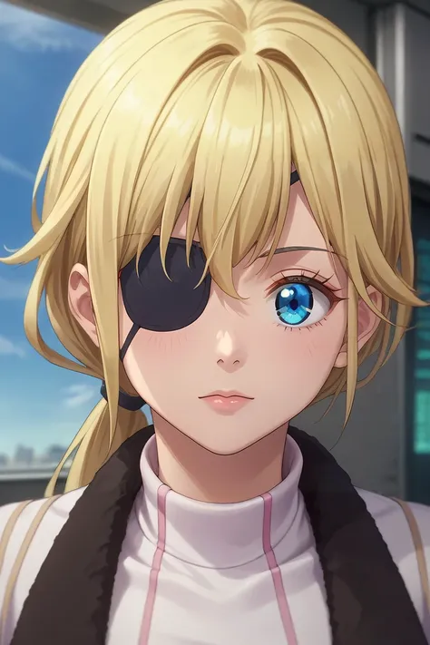 score_9, score_8_up, score_7_up, source_anime, rating_safe, intricate details, semi-realistic, , depth of field, 1girl, solo, <lora:muriel_besson_pony:0.76>, muriel_besson, blonde hair, blue eyes, eyepatch, long hair, ponytail, low ponytail, upper body, sp...