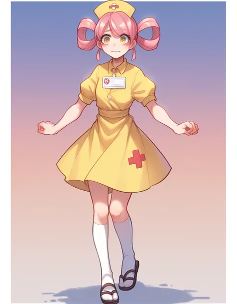 zPDXL, score_9, score_8_up, score_7_up, source_anime,
1girl, solo, <lora:Popoka_v2:1> ppka, Pokemon, Nurse Joy, pink hair, hair rings,, wavy mouth, closed mouth, running, waitress wearing Cheerful yellow sundress with a floral print, white knee-high socks,...