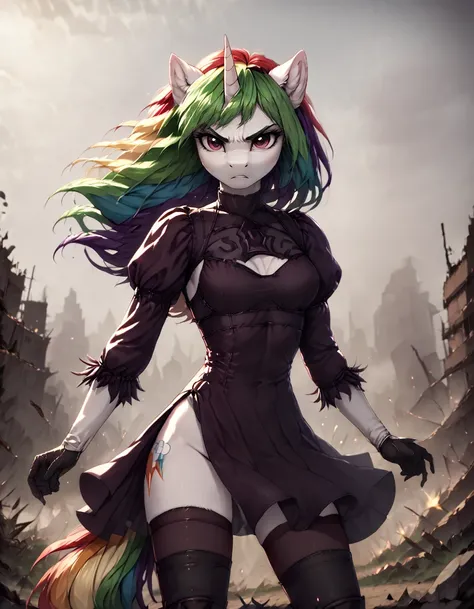 score_9, score_8_up, score_7_up,
 source_furry, female unicorn wearing 2bn1er armor, hair, fur, my little pony, gloves, outside, equine, fingers, anthro, green hair, looking at viewer, mammal, shaded, eyelashes, pink eyes, horn, rainbow hair, multicolored ...