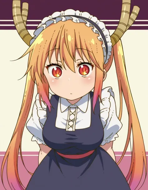 zPDXL, score_9, score_8_up, score_7_up, source_anime, (portrait),  <lora:KobayashiDragonPack:1> drgmd, 1girl, solo,
tohru (maidragon), blonde hair, two-tone hair, orange hair, horns, red eyes, orange eyes , waitress wearing Elegant burgundy dress with a dr...