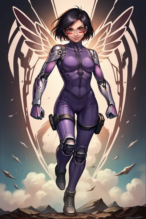 zPDXL, <lora:Character_Alita_Battle_Angel_Alita:1>, alita, battle angel alita, cyborg, mechanical arms, smile, bodysuit, red facial marks, black hair, short hair, detailed background, full body