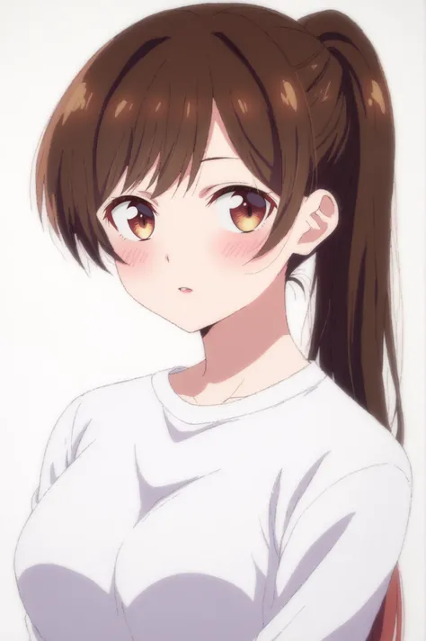 <lora:Chizuru_Ichinose:0.7> chizuru ichinose, 1girl, solo, long hair, looking at viewer, blush, shirt, white shirt, ponytail, parted lips, portrait, white background <lora:sdxl_lightning_4step_lora:1>,