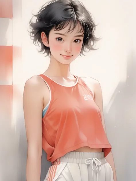 Ink pastel,front view,half portrait with waist up,a beautiful 20-year-old girl with neat short black hair,round eyes,cute,shy smile,designer sports shorts,comic illustration,attractive,revival mural,Antonio Boraiolo style,Yoshitaka Amano style,
Miho Hirano...