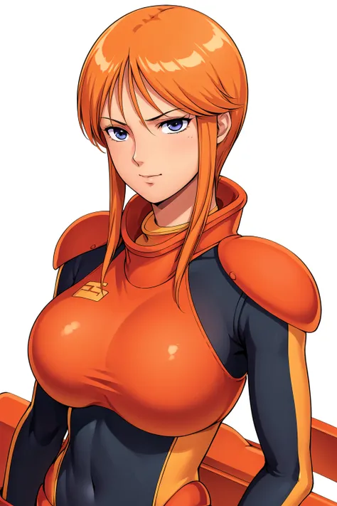 Simple White Background,
dynamic pose,standing at attention,
 orange and black outfit,orange bodysuit,red hoodie,
<lora:Ple_Two_ZZ-KK77-V1:0.7>,orange shoulder armors,
blue eyes, orange hair,bangs,sidelocks, 
<lora:more_details:0.1>,<lora:Oda_Non_Style-KK7...