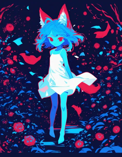 score_9, score_8_up, score_7_up, rating_safe,

1girl, fox ears, blue hair, barefoot, white camisole, animal ear fluff, standing, full body, floating clothes, wind, garden, slit pupils, limited palette, vibrant, red outline, portrait, looking at viewer, 