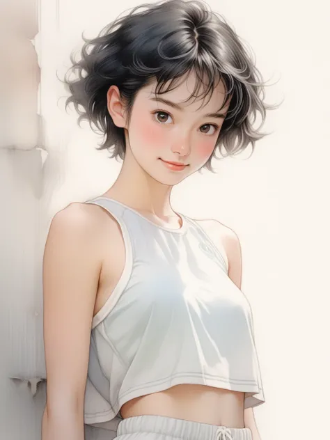 Ink pastel,front view,half portrait with waist up,a beautiful 20-year-old girl with neat short black hair,round eyes,cute,shy smile,designer sports shorts,comic illustration,attractive,revival mural,Antonio Boraiolo style,Yoshitaka Amano style,
Miho Hirano...