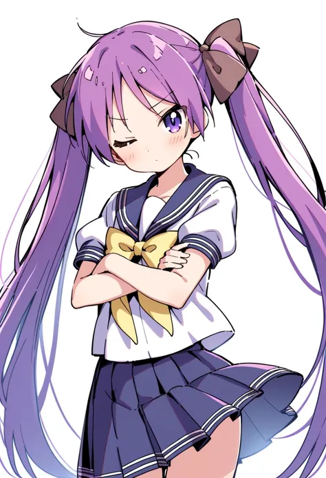 hiiragi kagami, 1girl, solo,school uniform, skirt, ryouou school uniform, long hair, serafuku, one eye closed, twintails, blue skirt, purple hair, sailor collar, looking at viewer, pleated skirt, short sleeves, white shirt, crossed arms, bow, shirt, blue e...