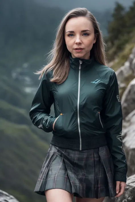 photo of S433_MonaBlue,a stylish woman,on a (mountain:1.1),wearing a (windbreaker),(skirt),(thunderstorm),(4k, RAW photo, best quality, 50mm, depth of field, ultra high res:1.1),(intricate, photorealistic, cinematic-shot, masterpiece, ultra-detailed:1.1),