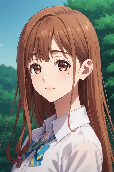 score_9, score_8_up, score_7_up, source_anime, rating_safe, intricate details, (photorealistic:0.6), looking at viewer, , 1girl, solo, <lora:neko_fujinomiya_pony:0.94>, neko_fujinomiya, brown hair, brown eyes, long hair, bangs, mole, mole under eye, , uppe...