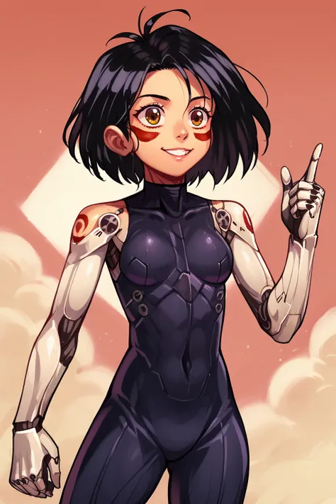 zPDXL, <lora:Character_Alita_Battle_Angel_Alita:0.8>, alita, battle angel alita, cyborg, mechanical arms, smile, bodysuit, red facial marks, black hair, short hair, detailed background, cowboy shot,  <lora:Mangamaster:1>, mangamaster