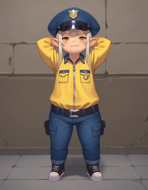 zPDXL, score_9, score_8_up, score_7_up, source_anime,
1girl, solo, skin fang, arms behind head, police officer wearing High-visibility neon yellow uniform with reflective strips, zip-up top, cargo pants, peaked cap, black sneakers, <lora:Lalafell_v2-10:1> ...