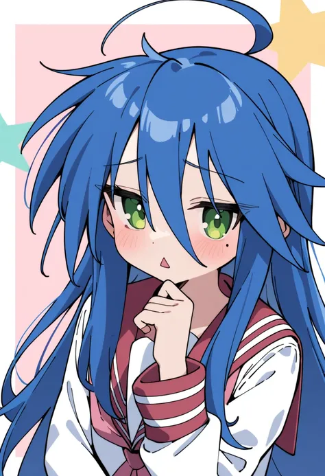 girl, izumi konata, solo, mole under eye, mole, green eyes, long hair, blue hair, school uniform, ryouou school uniform, serafuku, ahoge, triangle mouth, star (symbol), hand on own chin
, masterpiece, best quality,newest,
<lora:Luckystar A31 e1-000009:0.65...