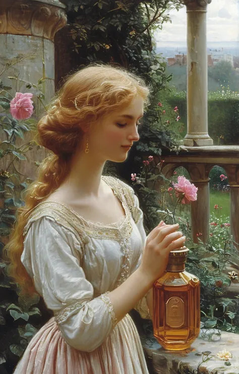 masterpiece,best quality,<lora:tbh201-sdxl:0.9>,illustration,style of Edmund Leighton
 A bottle of perfume in garden