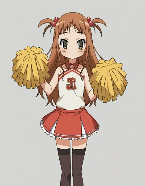 zPDXL, score_9, score_8_up, score_7_up, source_anime,
1girl, solo, :D, (standing), karin, little girl, child, long hair, auburn hair, yellow eyes, hair ornament, hair bobbles, two side up , cheerleader wearing Elegant black and white uniform with a lace to...