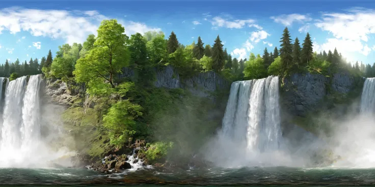 360panorama,A Sun,Centered Horizon,<lora:HMSGèªæå¨æ¯XL:0.5>,<lora:HMSGé£æ¯XL:1>,majestic waterfall, dense forest, sunlight filtering through trees, splashing water, detailed, Thomas Kinkade style, realistic, vibrant colors, 3D rendering,4K ultra HD,