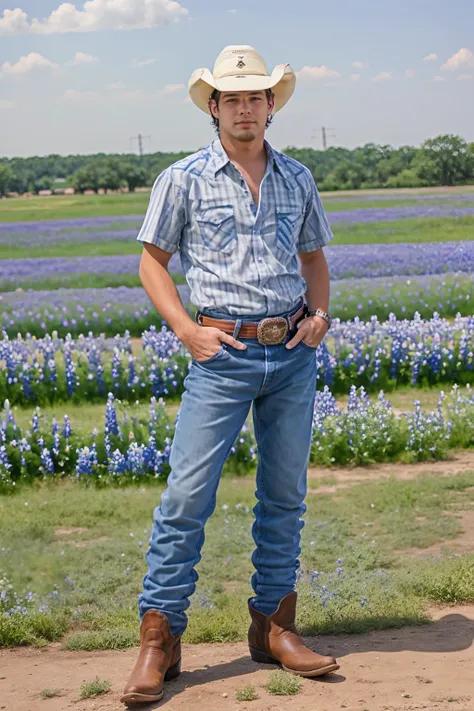 spring Texas day, standing beside buck rail fence, field Texas bluebonnet flowers blooming in background, CMWyatt, wearing shirt, blue jean shorts, (brown leather cowboy boots), cowboy hat, ((full body portrait)), wide angle <lora:CMWyatt:0.8>