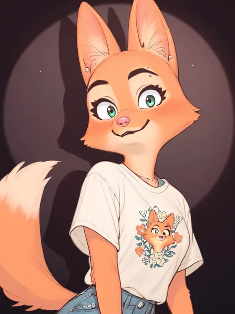 score_9, score_8_up, score_7_up, score_6_up, score_5_up, 
Diane_Foxington, ginger fur, sharp black eyebrows, silver piercings on eyebrow, dusty-pink nose, fox tail, black eyelashes, 4 fingers, white T-shirt, looking at viewer,  spotlight, shadow,
 <lora:Di...